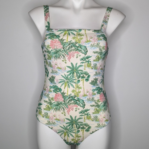 Vineyard Vines Green Pink Tropical Flamingo Square Neck One Piece Swimsuit S - Picture 1 of 9